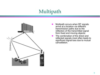 Multipath Multipath occurs when RF signals arrive at a location via different transmission paths due to the reflection of the transmitted signal from fixed and moving objects. The combination of the direct and reflected signals most often leads to significant signal loss due to mutual cancellation. 