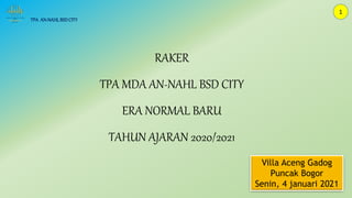 RAKER
TPA MDA AN-NAHL BSD CITY
ERA NORMAL BARU
TAHUN AJARAN 2020/2021
Villa Aceng Gadog
Puncak Bogor
Senin, 4 januari 2021
TPA AN-NAHLBSDCITY
1
 