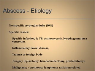 Abscess - Etiology
Nonspecific cryptoglandular (90%)
Specific causes:
Specific infection, ie TB, actinomycosis, lymphogranuloma
venereum,
Inflammatory bowel disease,
Trauma or foreign body
Surgery (episiotomy, hemorrhoidectomy, prostatectomy),
Malignancy - carcinoma, lymphoma, radiation-related
 