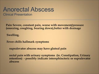 Pain Severe, constant pain, worse with movement/pressure
(sneezing, coughing, bearing down),better with drainage
Swelling,
Fever chills hallmark symptoms
supralevator abscess may have gluteal pain
rectal pain with urinary symptoms (ie. Constipation, Urinary
retention) - possibly indicate intersphincteric or supralevator
abscess
Anorectal Abscess
Clinical Presentation
 