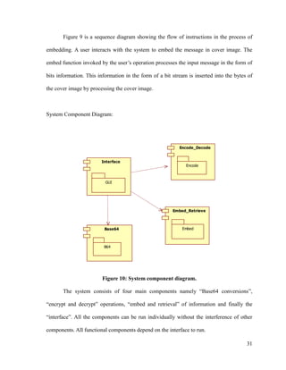 Figure 9 is a sequence diagram showing the flow of instructions in the process of
embedding. A user interacts with the system to embed the message in cover image. The
embed function invoked by the user’s operation processes the input message in the form of
bits information. This information in the form of a bit stream is inserted into the bytes of
the cover image by processing the cover image.

System Component Diagram:

Encode_Decode
Interface

Encode

GUI

Embed_Retrieve

Base64

Embed

B64

Figure 10: System component diagram.
The system consists of four main components namely “Base64 conversions”,
“encrypt and decrypt” operations, “embed and retrieval” of information and finally the
“interface”. All the components can be run individually without the interference of other
components. All functional components depend on the interface to run.
31

 