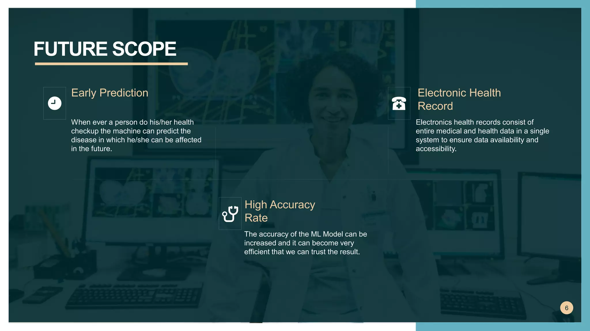 FUTURE SCOPE
6
When ever a person do his/her health
checkup the machine can predict the
disease in which he/she can be affected
in the future.
Early Prediction
The accuracy of the ML Model can be
increased and it can become very
efficient that we can trust the result.
High Accuracy
Rate
Electronics health records consist of
entire medical and health data in a single
system to ensure data availability and
accessibility.
Electronic Health
Record
 