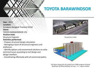 TOYOTA BARAWINDSOR
Year: 2013
Location:
Srinakarin Bangkok Thailand 10150
Client:
TOYOTA BARAWINDSOR LTD.
Position held:
Structure Engineer
Activities performed:
- Prepare structural design calculation
- Managing a team of structural engineers and
draftsmen.
- Identify options and recommend solutions to solve
technical issues according to civil design and
design interface.
- Coordinating effectively with all concerned pattie.
Perspective model
The figure shown the 3D model from ETABS program 8-storey
Showroom & Office building the area ​​39,600 square meters
 