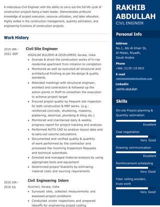 A meticulous Civil Engineer with the ability to carry out the full life cycle of
construction projects being a team leader. Demonstrates profound
knowledge of project execution, resource utilization, and labor allocation.
Highly skilled in the construction management, quantity estimation, and
engineering functions of construction projects.
Work History
RAKHIB
ABDULLAH
CIVIL ENGINEER
Personal Info
Address
2019 JAN -
2021 SEP
2018 JUN -
2018 JUL
Civil Site Engineer
HIGHLINE BUILDERS & DEVELOPERS, Kerala, India
 Oversee & direct the construction works of hi-rise
residential apartment from initiation to completion
 Monitored as well as executed all structural and
architectural finishing as per the design & quality
standards.
 Attended meetings with structural engineer,
architect and contractors & followed-up the
action points in MoM to smoothen the execution
to achieve project target
 Ensured project quality by frequent site inspection
for both construction & MEP works. (e.g.:
reinforced concrete, shuttering, masonry,
plastering, electrical, plumbing & tiling etc.)
 Monitored and maintained daily & weekly
progress report for project tracking and analysis
 Performed AUTO CAD to analyze layout data and
to carry out volume calculations
 Documented and verified quality & quantity
of work performed by the contractor and
processed the incoming Inspection Requests
and technical submittals.
 Directed and managed material analysis by using
appropriate tools and equipment
 Determined project feasibility by estimating
material costs and sourcing requirements
Civil Engineering Intern
4corners, Kerala, India
 Surveyed sites, collected measurements and
assessed project conditions
 Conducted onsite inspections and prepared
takeoffs for engineering project costing
No.1, Abi Al Khair St,
Al Malaz, Riyadh,
Saudi Arabia
Phone
+966 (0)59 118 9633
E-mail
rakhiebabdullah@outlook.com
LinkedIn
rakhib-abdullah
Skills
On-site Project planning &
Quantity estimation
Excellent
Cost negotiation
Very Good
Drawing communication
Excellent
Reinforcement scheduling
Very Good
False ceiling,wooden,
truss work
Very Good
 