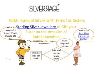 Rakhi Special Silver Gift Items for Sisters
Sterling Silver Jewellery to Gift your
Sister on the occasion of
Rakshabandhan
How I Can
Send Silver
Rakhi to my
brother
Silver
Rage will
help me
What a
wonderful
Rakhi, What I
Should gift
her
Lets send
her ear
studs
online
My sister
likes ear
studs
 