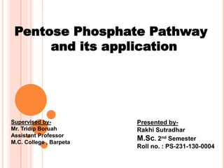 Pentose Phosphate Pathway
and its application
Supervised by-
Mr. Tridip Boruah
Assistant Professor
M.C. College , Barpeta
Presented by-
Rakhi Sutradhar
M.Sc. 2nd Semester
Roll no. : PS-231-130-0004
 
