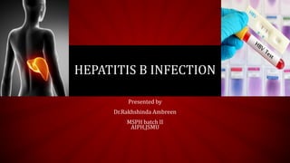 HEPATITIS B INFECTION
Presented by
Dr.Rakhshinda Ambreen
MSPH batch II
AIPH,JSMU
 