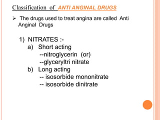 Classification of ANTI ANGINAL DRUGS
 The drugs used to treat angina are called Anti
Anginal Drugs
1) NITRATES :-
a) Short acting
--nitroglycerin (or)
--glyceryltri nitrate
b) Long acting
-- isosorbide mononitrate
-- isosorbide dinitrate
 