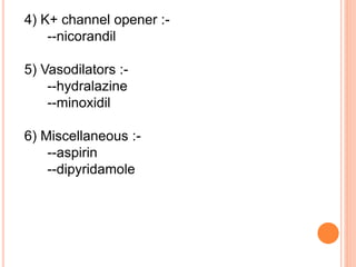 4) K+ channel opener :-
--nicorandil
5) Vasodilators :-
--hydralazine
--minoxidil
6) Miscellaneous :-
--aspirin
--dipyridamole
 
