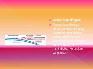  Gempa bumi dangkal
 Gempa bumi dangkal
adalah gempa bumi yang
hiposentrumnya berada
kurang dari 60 km dari
permukaan bumi. Gempa
bumi ini biasanya
menimbulkan kerusakan
yang besar.
 