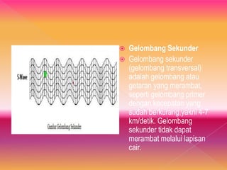  Gelombang Sekunder
 Gelombang sekunder
(gelombang transversal)
adalah gelombang atau
getaran yang merambat,
seperti gelombang primer
dengan kecepatan yang
sudah berkurang,yakni 4-7
km/detik. Gelombang
sekunder tidak dapat
merambat melalui lapisan
cair.
 