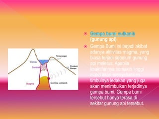  Gempa bumi vulkanik
(gunung api)
 Gempa Bumi ini terjadi akibat
adanya aktivitas magma, yang
biasa terjadi sebelum gunung
api meletus. Apabila
keaktifannya semakin tinggi
maka akan menyebabkan
timbulnya ledakan yang juga
akan menimbulkan terjadinya
gempa bumi. Gempa bumi
tersebut hanya terasa di
sekitar gunung api tersebut.
 