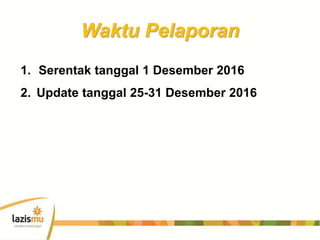 Waktu Pelaporan
1. Serentak tanggal 1 Desember 2016
2. Update tanggal 25-31 Desember 2016
 