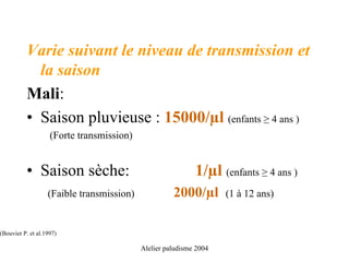 Varie suivant le niveau de transmission et
            la saison
          Mali:
          • Saison pluvieuse : 15000/µl (enfants ≥ 4 ans )
                    (Forte transmission)


          • Saison sèche:                                   1/µl (enfants ≥ 4 ans )
                   (Faible transmission)             2000/µl        (1 à 12 ans)


(Bouvier P. et al.1997)

                                           Alelier paludisme 2004
 