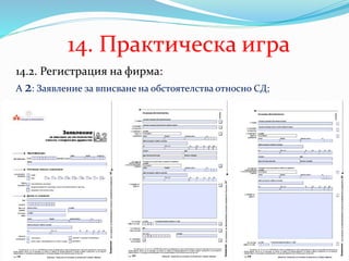 14. Практическа игра
14.2. Регистрация на фирма:
А 2: Заявление за вписване на обстоятелства относно СД;
 