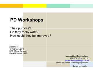 PD Workshops Their purpose?  Do they really work?  How could they be improved?     James (Jim) Buckingham ,  MA ODE (Open U, UK) [email_address] Senior Education Technology Specialist  Zayed University     presented 12 February, 2010 HCT (Mens’ Campus)  Ras Al Khaimah, UAE  