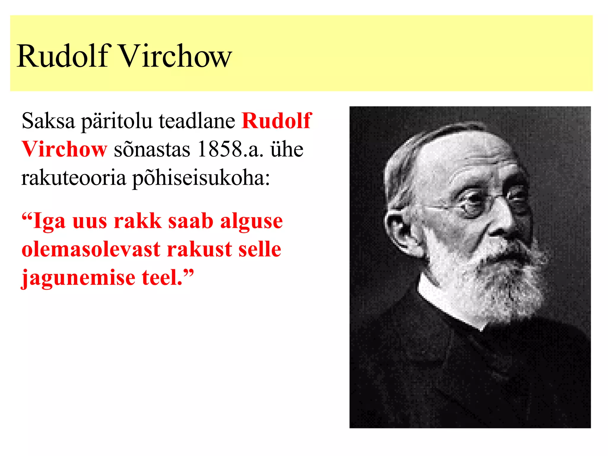 Rudolf Virchow Saksa päritolu teadlane   Rudolf Virchow  sõnastas 1858.a. ühe rakuteooria põhiseisukoha: “ Iga uus rakk saab alguse olemasolevast rakust selle jagunemise teel.” 