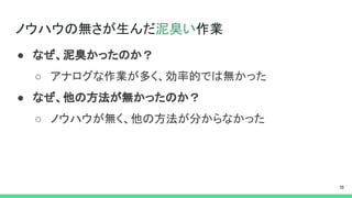 ノウハウの無さが生んだ泥臭い作業
● なぜ、泥臭かったのか？
○ アナログな作業が多く、効率的では無かった
● なぜ、他の方法が無かったのか？
○ ノウハウが無く、他の方法が分からなかった
 