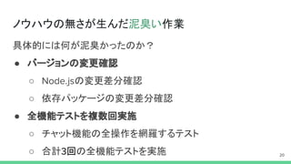 ノウハウの無さが生んだ泥臭い作業
具体的には何が泥臭かったのか？
● バージョンの変更確認
○ の変更差分確認
○ 依存パッケージの変更差分確認
● 全機能テストを複数回実施
○ チャット機能の全操作を網羅するテスト
○ 合計 回の全機能テストを実施
 