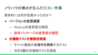 ノウハウの無さが生んだ泥臭い作業
具体的には何が泥臭かったのか？
● バージョンの変更確認
○ の変更差分確認
○ 依存パッケージの変更差分確認
● 全機能テストを複数回実施
○ チャット機能の全操作を網羅するテスト
○ 合計 回の全機能テストを実施
 