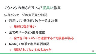 ノウハウの無さが生んだ泥臭い作業
依存パッケージの変更差分確認
● 利用している依存パッケージは 個
○ 単純に数が多い
● 全てのバージョン差分確認
○ 全てをドキュメントで確認するにも限界がある
● 系で利用可否確認
○ 明記されてないものもあった
 