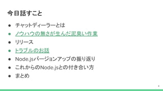 今日話すこと
● チャットディーラーとは
● ノウハウの無さが生んだ泥臭い作業
● リリース
● トラブルのお話
● バージョンアップの振り返り
● これからの との付き合い方
● まとめ
 