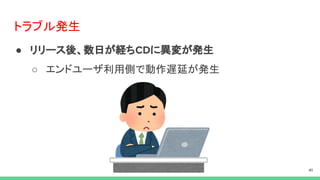トラブル発生
● リリース後、数日が経ち に異変が発生
○ エンドユーザ利用側で動作遅延が発生
 