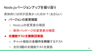 バージョンアップを振り返り
具体的には何が泥臭かったのか？（おさらい）
● バージョンの変更確認
○ の変更差分確認
○ 依存パッケージの変更差分確認
● 全機能テストを複数回実施
○ チャット機能の全操作を網羅するテスト
○ 合計 回の全機能テストを実施
 