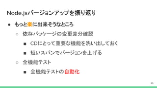 バージョンアップを振り返り
● もっと楽に出来そうなところ
○ 依存パッケージの変更差分確認
■ にとって重要な機能を洗い出しておく
■ 短いスパンでバージョンを上げる
○ 全機能テスト
■ 全機能テストの自動化
 