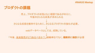 #RAKUS Meetup
プロダクトの課題
売上、プロダクトの状態ともに順調であるがゆえに、
今後のさらなる成長が求められる
↓
さらなる成長を維持するために、さらなるプロダクトの強化が必要。
↓
webデータベースとしては、成熟している。
↓
「今後、楽楽販売がどうあるべきか？」組織単位でなく、横断的に検討が必要
 