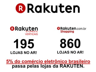 STORES E
VERTICAIS
195LOJAS NO AR!
860LOJAS NO AR!
5% do comércio eletrônico brasileiro
passa pelas lojas da RAKUTEN.
 
