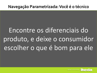 Navegação Parametrizada: Você é o técnico




  Encontre os diferenciais do
produto, e deixe o consumidor
escolher o que é bom para ele
 