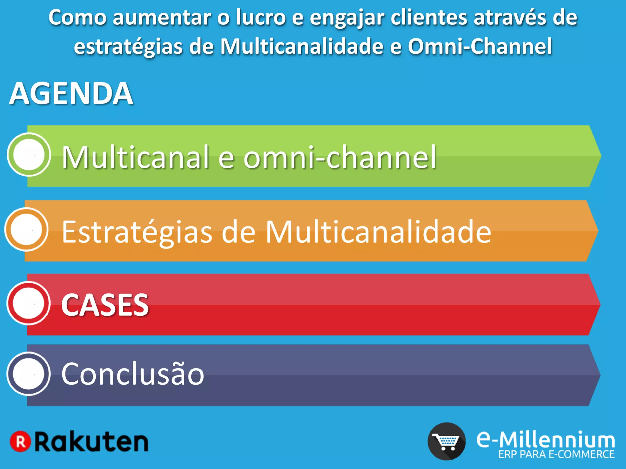 Como aumentar o lucro e engajar clientes através de
estratégias de Multicanalidade e Omni-Channel
AGENDA
Multicanal e omni-channel
Estratégias de Multicanalidade
CASES
Conclusão
 