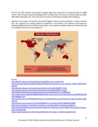 6
All contents © 2015 Effectus Solutions Pvt Ltd (CrossProf.com). All rights reserved.
On Feb 13, 2014, Rakuten announced its largest aggressive acquisition of acquiring Viber for $900
million.ViberisCyprusbasedmessagingplatformandappmaker,whohad a userbase of approximately
300 million registered users. This acquisition resulted in combining messaging with shopping.
Rakuten's future goal is to become the world's biggest Internet services company. In order to realize
this, the company has already started its expansion in Asia-Pacific, the Americas and Europe by
deployingdifferentbusinessmodelsineachregion. Aninnovative strategyforRakuteninvolvesfocusing
on untapped countries or niche segments.
Source:
http://global.rakuten.com/corp/about/strength/business_model.html
http://www.gsb.stanford.edu/sites/default/files/documents/James_Chen_Rakuten_FINAL_PRESENTATI
ON.pdf
http://global.rakuten.com/corp/investors/documents/pdf/14Q2PPT_E.pdf
http://global.rakuten.com/corp/investors/documents/pdf/14Q4PPT_E.pdf
http://www.bloomberg.com/apps/news?pid=newsarchive&sid=a_zVVD0HQltQ
http://web.archive.org/web/20100703202517/http://mdn.mainichi.jp/mdnnews/news/20100701p2a00
m0na006000c.html
http://techcrunch.com/2010/06/17/rakuten-to-acquire-frances-priceminister-for-approximately-e200-
million/
http://www.reuters.com/article/2011/09/08/ozonru-funding-idUSLDE7860H620110908
http://www.webgistix.com/rakuten-acquires-u-s-based-logistics-company-webgistix/
http://www.bloomberg.com/news/articles/2014-02-17/rakuten-falls-on-900-million-deal-to-acquire-
viber-message-app
http://rakuten.japanese-credit-card.com/Rakuten_All_about_in_English_Support.html
 