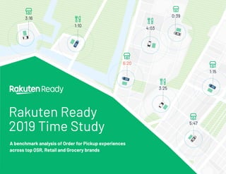 Rakuten Ready
2019 Time Study
A benchmark analysis of Order for Pickup experiences
across top QSR, Retail and Grocery brands
1:10
3:16
6:20
3:25
1:15
5:47
0:39
4:03
 