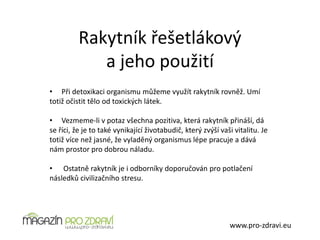 Rakytník řešetlákový
a jeho použití
www.pro-zdravi.eu
• Při detoxikaci organismu můžeme využít rakytník rovněž. Umí
totiž očistit tělo od toxických látek.
• Vezmeme-li v potaz všechna pozitiva, která rakytník přináší, dá
se říci, že je to také vynikající životabudič, který zvýší vaši vitalitu. Je
totiž více než jasné, že vyladěný organismus lépe pracuje a dává
nám prostor pro dobrou náladu.
• Ostatně rakytník je i odborníky doporučován pro potlačení
následků civilizačního stresu.
 