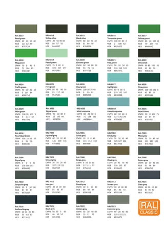RAL6014
Yellowolive
CMYK 80 50 90 60
RGB 68 67 55
HEX #444337
RAL6019
Pastelgreen
CMYK 35 0 40 0
RGB 183 217 177
HEX #B7D9B1
RAL6025
Ferngreen
CMYK 80 30 90 10
RGB 83 117 60
HEX #53753C
RAL6032
Signalgreen
CMYK 90 10 80 0
RGB 15 133 88
HEX #0F8558
RAL7000
Squirrelgrey
CMYK 40 10 10 40
RGB 126 139 146
HEX #7E8B92
RAL7005
Mousegrey
CMYK 30 10 20 60
RGB 107 113 111
HEX #6B716F
RAL7011
Irongrey
CMYK 40 10 20 80
RGB 85 93 97
HEX #555D61
RAL7021
Blackgrey
CMYK 50 10 5 95
RGB 46 50 52
HEX #2E3234
RAL6015
Blackolive
CMYK 80 60 70 40
RGB 61 64 58
HEX #3D403A
RAL6020
Chromegreen
CMYK 90 60 80 20
RGB 53 71 51
HEX #354733
RAL6026
Opalgreen
CMYK 100 30 70 40
RGB 0 93 82
HEX #005D52
RAL6033
Mintturquoise
CMYK 80 20 50 0
RGB 71 138 132
HEX #478A84
RAL7001
Silvergrey
CMYK 10 0 0 40
RGB 143 153 159
HEX #8F999F
RAL7006
Beigegrey
CMYK 0 10 30 60
RGB 117 111 97
HEX #756F61
RAL7012
Basaltgrey
CMYK 20 0 10 80
RGB 89 97 99
HEX #596163
RAL7022
Umbragrey
CMYK 30 20 40 80
RGB 75 77 70
HEX #4B4D46
RAL6016
Turquoisegreen
026A52
CMYK 100 30 80 0
RGB 2 106 82
HEX #
RAL6021
Palegreen
86A47C
CMYK 50 10 50 10
RGB 134 164 124
HEX #
RAL6027
Lightgreen
CMYK 60 0 30 0
RGB 129 192 187
HEX #81C0BB
RAL6034
Pastelturquoise
CMYK 60 10 40 0
RGB 127 176 178
HEX #7FB0B2
RAL7002
Olivegrey
CMYK 30 30 50 40
RGB 129 127 104
HEX #817F68
RAL7008
Khakigrey
746643
CMYK 30 40 70 40
RGB 116 102 67
HEX #
RAL7013
Browngrey
555548
CMYK 10 10 40 80
RGB 85 85 72
HEX #
RAL7023
Concretegrey
818479
CMYK 40 20 40 40
RGB 129 132 121
HEX #
RAL6017
Yellowgreen
CMYK 80 20 100 10
RGB 70 134 65
HEX #468641
RAL6022
Olivedrab
CMYK 90 80 100 20
RGB 62 60 50
HEX #3E3C32
RAL6028
Pinegreen
CMYK 100 60 100 0
RGB 45 85 70
HEX #2D5546
RAL6035
PearlGreen
CMYK 90 0 100 75
RGB 27 84 44
HEX #1B542C
RAL7003
Mossgrey
CMYK 30 20 40 40
RGB 122 123 109
HEX #7A7B6D
RAL7009
Greengrey
CMYK 20 50 40 80
RGB 91 98 89
HEX #5B6259
RAL7015
Slategrey
CMYK 40 10 10 80
RGB 81 86 92
HEX #51565C
RAL6018
Maygreen
CMYK 70 0 90 0
RGB 72 164 63
HEX #48A43F
RAL6024
Trafficgreen
CMYK 90 10 80 10
RGB 0 135 84
HEX #008754
RAL6029
Mintgreen
CMYK 100 20 100 5
RGB 0 114 67
HEX #007243
RAL6036
PearlOpalGreen
CMYK 100 10 60 50
RGB 0 93 76
HEX #005D4C
RAL7004
Signalgrey
CMYK 0 0 0 45
RGB 158 160 161
HEX #9EA0A1
RAL7010
Tarpaulingrey
CMYK 20 5 30 80
RGB 87 93 87
HEX #575D57
RAL7016
Anthracitegrey
CMYK 60 30 30 80
RGB 55 63 67
HEX #373F43
RAL6013
Reedgreen
CMYK 40 20 60 40
RGB 121 124 90
HEX #797C5A
 