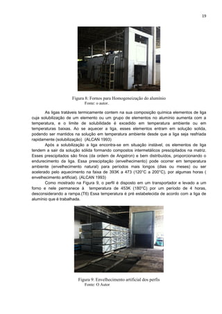 19
Figura 8: Fornos para Homogeneização do alumínio
Fonte: o autor.
As ligas tratáveis termicamente contem na sua composição química elementos de liga
cuja solubilização de um elemento ou um grupo de elementos no alumínio aumenta com a
temperatura, e o limite de solubilidade é excedido em temperatura ambiente ou em
temperaturas baixas. Ao se aquecer a liga, esses elementos entram em solução solida,
podendo ser mantidos na solução em temperatura ambiente desde que a liga seja resfriada
rapidamente (solubilização) (ALCAN 1993)
Após a solubilização a liga encontra-se em situação instável, os elementos de liga
tendem a sair da solução sólida formando compostos intermetálicos prescipitados na matriz.
Esses prescipitados são finos (da ordem de Angstron) e bem distribuídos, proporcionando o
endurecimento da liga. Essa prescipitação (envelhecimento) pode ocorrer em temperatura
ambiente (envelhecimento natural) para períodos mais longos (dias ou meses) ou ser
acelerado pelo aquecimento na faixa de 393K a 473 (120°C a 200°C), por algumas horas (
envelhecimento artificial). (ALCAN 1993)
Como mostrado na Figura 9, o perfil é disposto em um transportador e levado a um
forno e nele permanece à temperatura de 453K (180°C) por um período de 4 horas,
desconsiderando a rampa.(T6) Essa temperatura é pré estabelecida de acordo com a liga de
alumínio que é trabalhada.
Figura 9: Envelhecimento artificial dos perfis
Fonte: O Autor
 