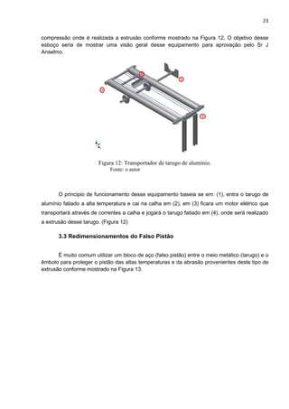 23
compressão onde é realizada a extrusão conforme mostrado na Figura 12, O objetivo desse
esboço seria de mostrar uma visão geral desse equipamento para aprovação pelo Sr J
Anselmo.
Figura 12: Transportador de tarugo de alumínio.
Fonte: o autor
O principio de funcionamento desse equipamento baseia se em: (1), entra o tarugo de
alumínio fatiado a alta temperatura e cai na calha em (2), em (3) ficara um motor elétrico que
transportará através de correntes a calha e jogará o tarugo fatiado em (4), onde será realizado
a extrusão desse tarugo. (Figura 12)
3.3 Redimensionamentos do Falso Pistão
É muito comum utilizar um bloco de aço (falso pistão) entre o meio metálico (tarugo) e o
êmbolo para proteger o pistão das altas temperaturas e da abrasão provenientes deste tipo de
extrusão conforme mostrado na Figura 13.
 