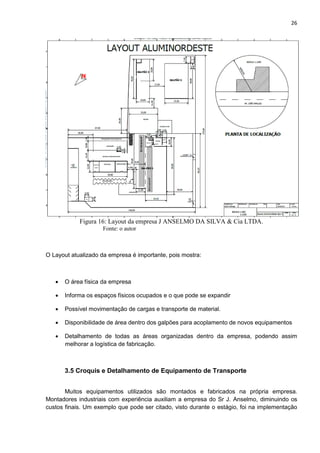 26
Figura 16: Layout da empresa J ANSELMO DA SILVA & Cia LTDA.
Fonte: o autor
O Layout atualizado da empresa é importante, pois mostra:
 O área física da empresa
 Informa os espaços físicos ocupados e o que pode se expandir
 Possível movimentação de cargas e transporte de material.
 Disponibilidade de área dentro dos galpões para acoplamento de novos equipamentos
 Detalhamento de todas as áreas organizadas dentro da empresa, podendo assim
melhorar a logística de fabricação.
3.5 Croquis e Detalhamento de Equipamento de Transporte
Muitos equipamentos utilizados são montados e fabricados na própria empresa.
Montadores industriais com experiência auxiliam a empresa do Sr J. Anselmo, diminuindo os
custos finais. Um exemplo que pode ser citado, visto durante o estágio, foi na implementação
 