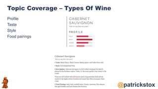 @patrickstox
Topic Coverage – Types Of Wine
Profile
Taste
Style
Food pairings
 