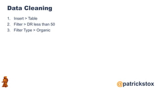 @patrickstox
Data Cleaning
1. Insert > Table
2. Filter > DR less than 50
3. Filter Type > Organic
 