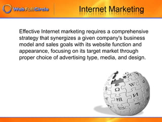 Internet MarketingEffective Internet marketing requires a comprehensive strategy that synergizes a given company&apos;s business model and sales goals with its website function and appearance, focusing on its target market through proper choice of advertising type, media, and design.