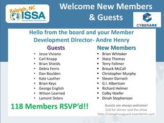 Welcome New Members
& Guests
Hello from the board and your Member
Development Director- Andre Henry
Guests are always welcome!
$10 for dinner and the show
http://raleighissaguest.eventbrite.com
Guests
• Jesse Viviano
• Carl Knapp
• Brian Shields
• Debra Ferris
• Dan Boulden
• Kate Lauther
• Brian Keys
• George English
• Wilson Learned
• Lamont Debro
New Members
 Brian Whitaker
 Stacy Thomas
 Terry Follmer
 Brouck McCall
 Christopher Murphy
 Steven Darroch
 G.l. Albertson
 Richard Helmer
 Colby Hoefer
 Dinah Stephenson
118 Members RSVP’d!!
 