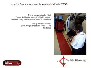 Using the Snap-on scan-tool to reset and calibrate SWAS This is an example of a 2008 Toyota Highlander having it’s SWAS sensor  calibrated using a Snap-on Solus with 9.2 software The operation is simple: Steer straight ahead and Press “Y” on the Solus 