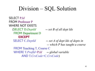41
Division – SQL Solution
SELECT P.Id
FROM Professor P
WHERE NOT EXISTS
(SELECT D.DeptId -- set B of all dept Ids
FROM Department D
EXCEPT
SELECT C.DeptId -- set A of dept Ids of depts in
-- which P has taught a course
FROM Teaching T, Course C
WHERE T.ProfId=P.Id -- global variable
AND T.CrsCode=C.CrsCode)
 