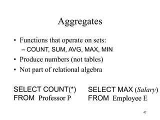 42
Aggregates
• Functions that operate on sets:
– COUNT, SUM, AVG, MAX, MIN
• Produce numbers (not tables)
• Not part of relational algebra
SELECT COUNT(*)
FROM Professor P
SELECT MAX (Salary)
FROM Employee E
 