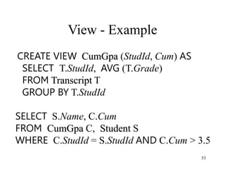 53
View - Example
CREATE VIEW CumGpa (StudId, Cum) AS
SELECT T.StudId, AVG (T.Grade)
FROM Transcript T
GROUP BY T.StudId
SELECT S.Name, C.Cum
FROM CumGpa C, Student S
WHERE C.StudId = S.StudId AND C.Cum > 3.5
 