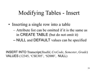 59
Modifying Tables - Insert
• Inserting a single row into a table
– Attribute list can be omitted if it is the same as
in CREATE TABLE (but do not omit it)
– NULL and DEFAULT values can be specified
INSERT INTO Transcript(StudId, CrsCode, Semester, Grade)
VALUES (12345, ‘CSE305’, ‘S2000’, NULL)
 