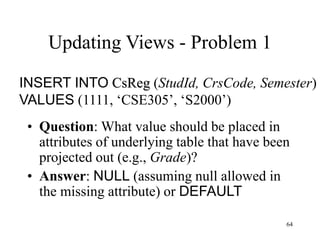 64
Updating Views - Problem 1
• Question: What value should be placed in
attributes of underlying table that have been
projected out (e.g., Grade)?
• Answer: NULL (assuming null allowed in
the missing attribute) or DEFAULT
INSERT INTO CsReg (StudId, CrsCode, Semester)
VALUES (1111, ‘CSE305’, ‘S2000’)
 